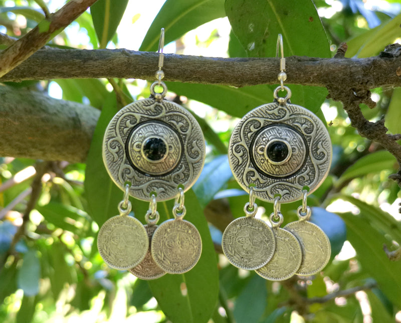 Earrings with Black Beads Antique Silver Plated Metal SR651
