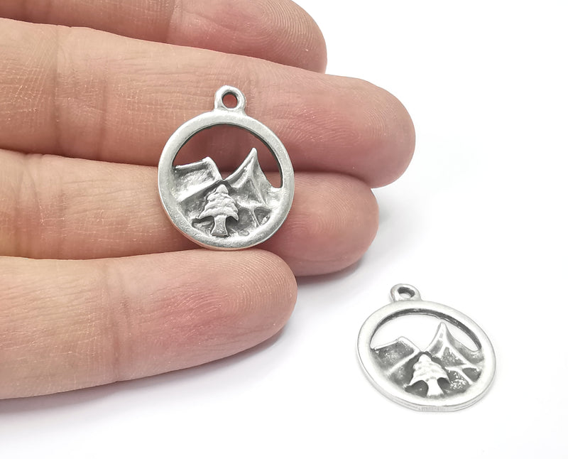 2 Mountain Charms Antique Silver Plated Metal (20mm)  G10815