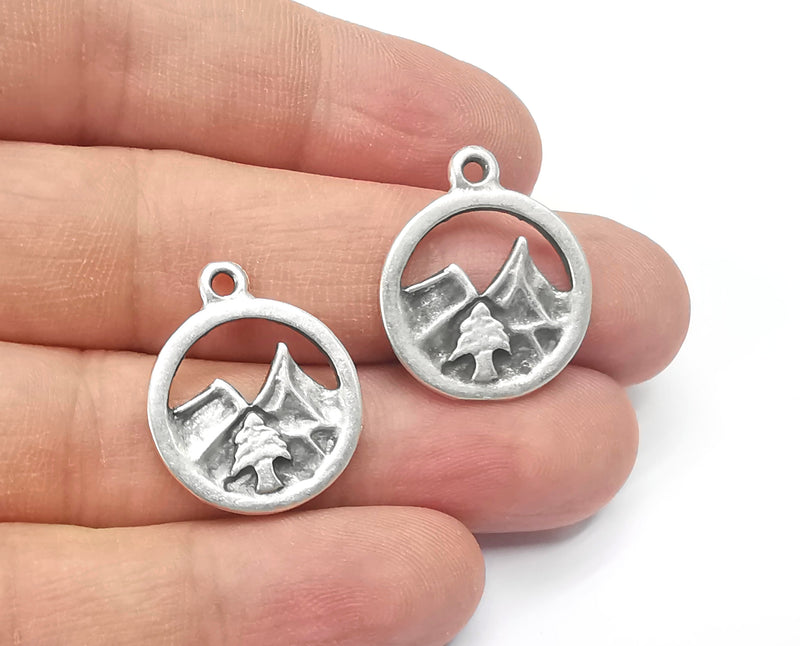 2 Mountain Charms Antique Silver Plated Metal (20mm) G10815