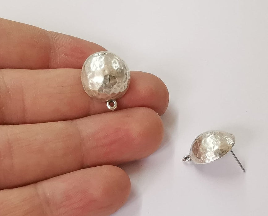 Hammered cube dome silver earring base wire Antique silver plated brass findings 1 Pairs (16mm) G24068