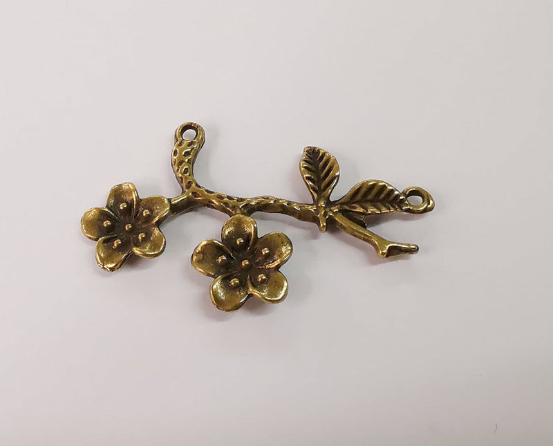 2 Flower branch leaf charms connector Antique bronze plated charms (53x32mm) G24146