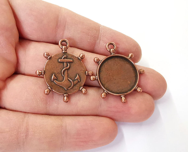 2 Anchor ship wheel frame pendant blank bezel Antique copper plated pendant (33x29mm) (20mm Blank Size) G29428