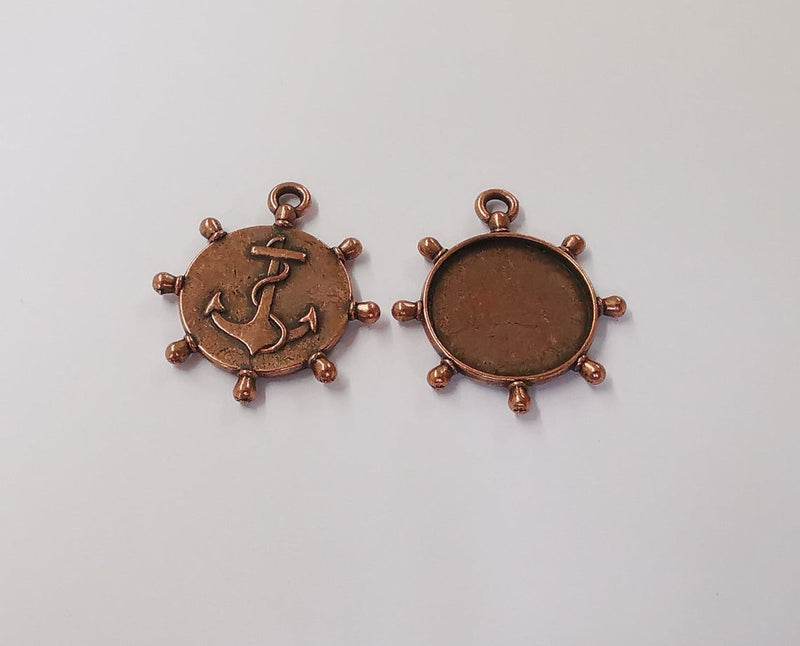 2 Anchor ship wheel frame pendant blank bezel Antique copper plated pendant (33x29mm) (20mm Blank Size) G29428
