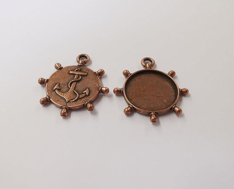 2 Anchor ship wheel frame pendant blank bezel Antique copper plated pendant (33x29mm) (20mm Blank Size) G29428