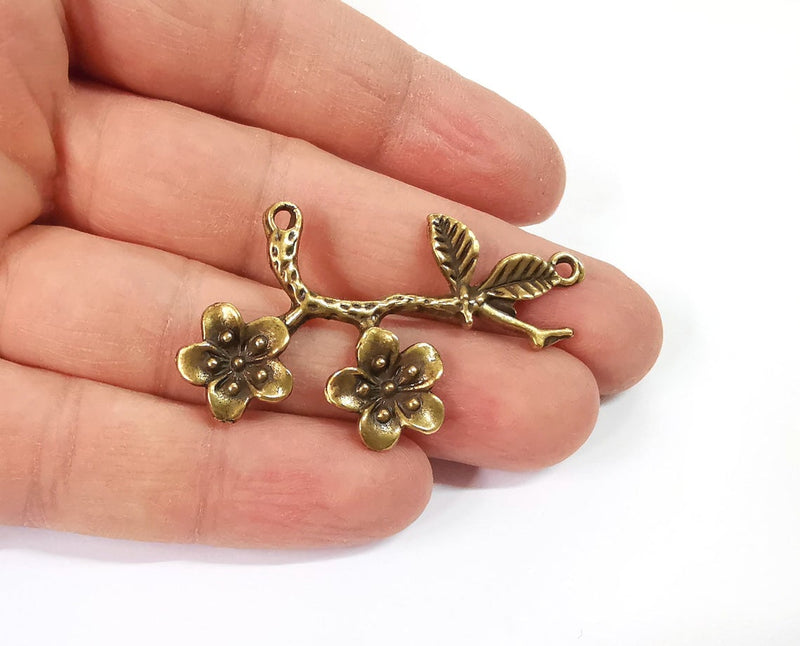 2 Flower branch leaf charms connector Antique bronze plated charms (53x32mm) G24146