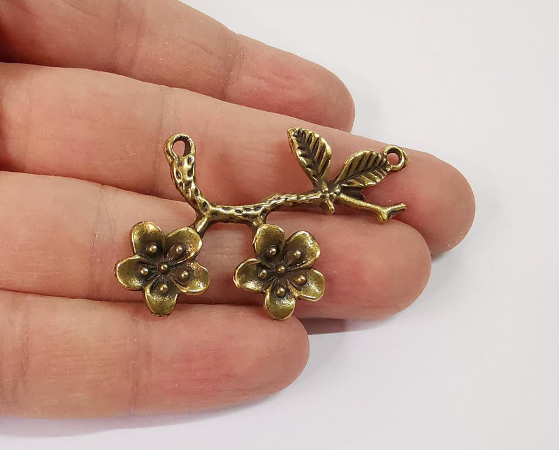 2 Flower branch leaf charms connector Antique bronze plated charms (53x32mm) G24146