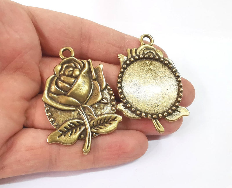 2 Rose frame pendant blank Antique bronze plated pendant (53x36mm) (30mm Blank Size) G24147