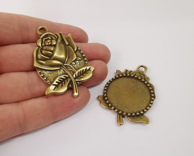 2 Rose frame pendant blank Antique bronze plated pendant (53x36mm) (30mm Blank Size) G24147