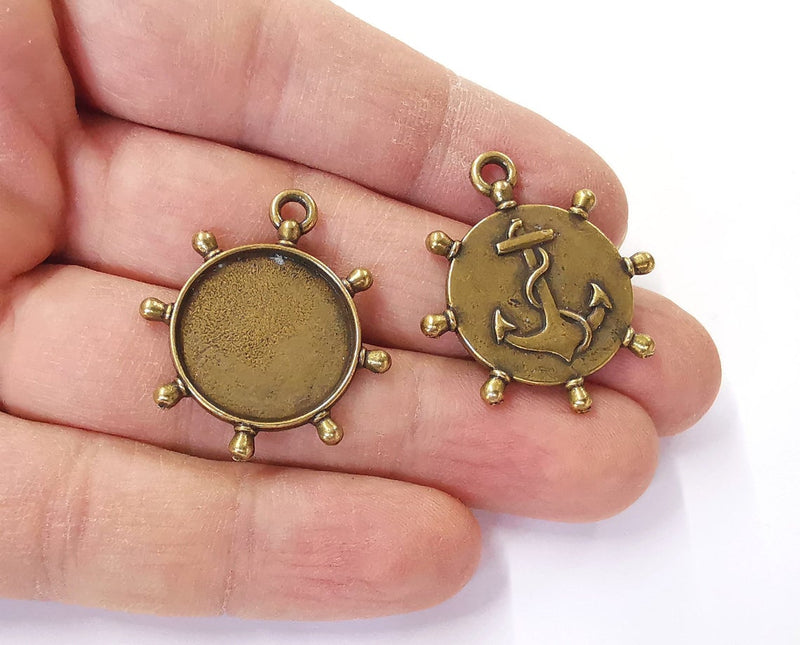 2 Anchor ship wheel frame pendant blank bezel Antique bronze plated pendant (33x29mm) (20mm Blank Size) G24151