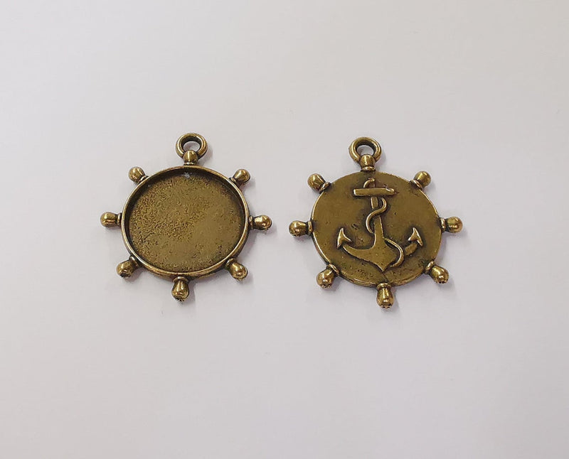 2 Anchor ship wheel frame pendant blank bezel Antique bronze plated pendant (33x29mm) (20mm Blank Size) G24151