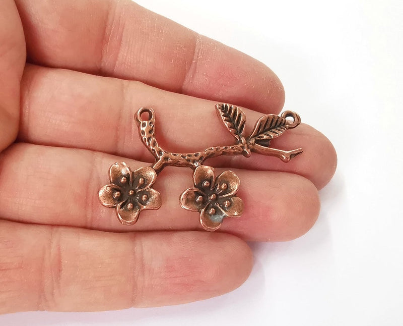 2 Flower branch leaf charms connector Antique copper plated charms (53x32mm) G24167