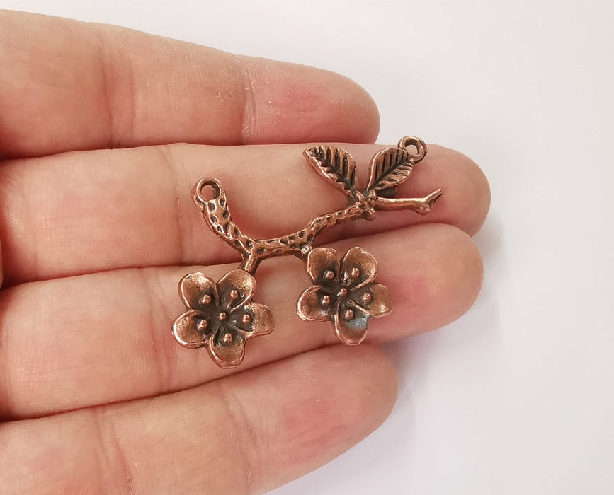 2 Flower branch leaf charms connector Antique copper plated charms (53x32mm) G24167