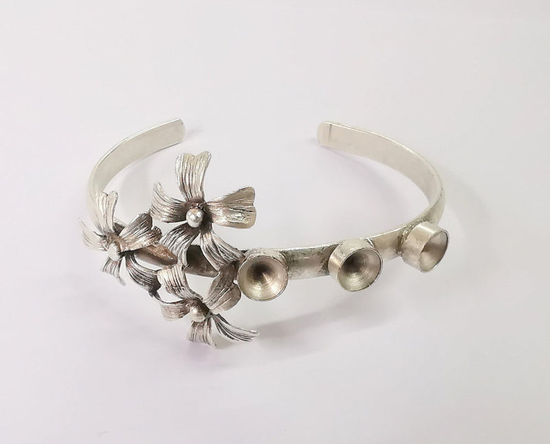 Flowers bracelet brass cuff blank bezel Glass cabochon base Adjustable antique silver (8mm ) G24523