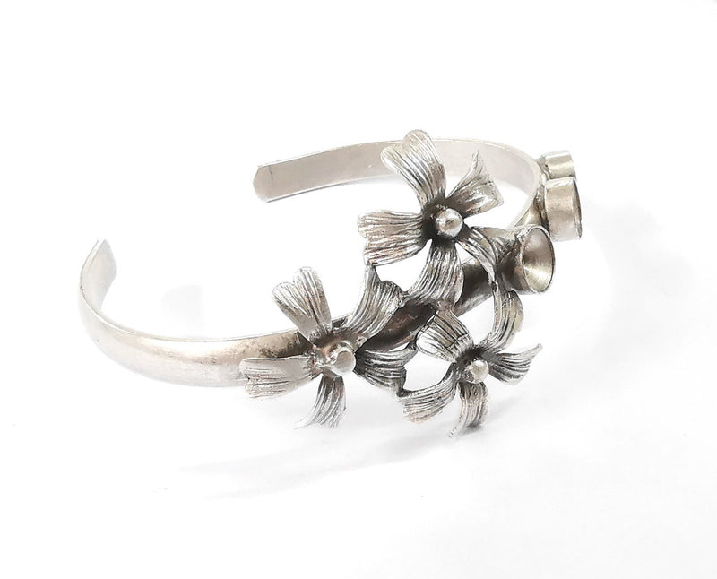Flowers bracelet brass cuff blank bezel Glass cabochon base Adjustable antique silver (8mm ) G24523