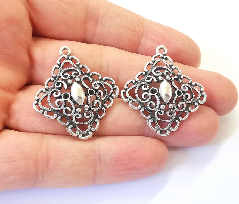 2 Dangle Boho Charms Ethnic Tribal Charms Rustic Charms Antique Silver Plated Charms (35x31mm) G25013