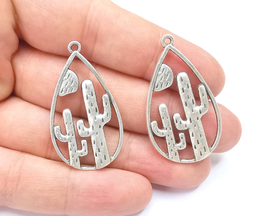 2 Cactus Charms Antique Silver Plated Charms (42x24mm) G26489