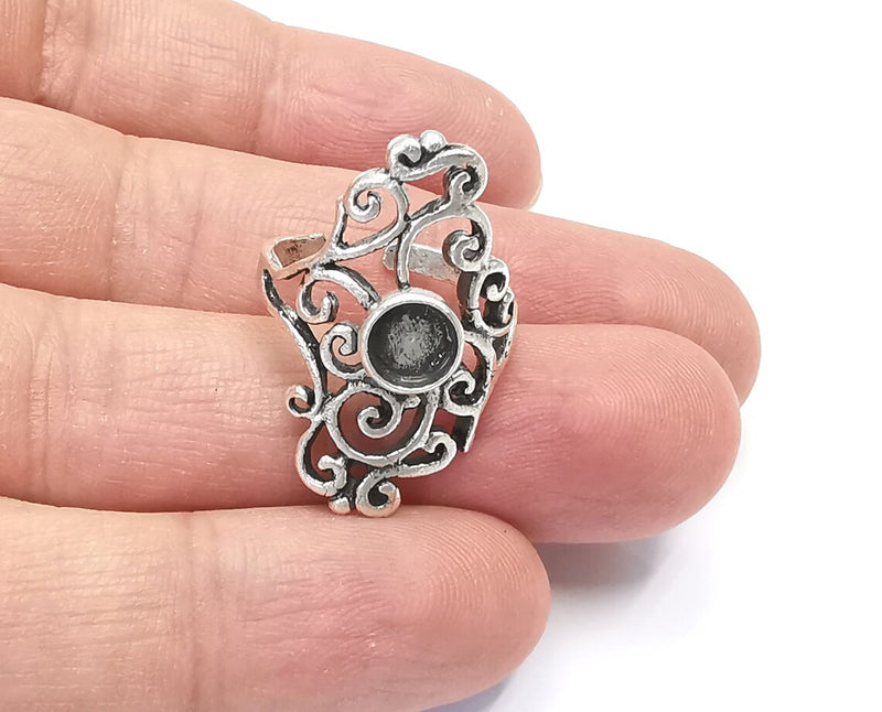 Filigree branch silver ring setting blank cabochon mounting Adjustable ring base bezel Antique Silver Plated Brass (6mm) G26371
