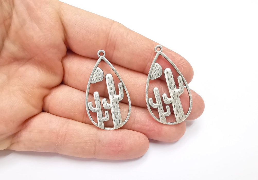 2 Cactus Charms Antique Silver Plated Charms (42x24mm) G26489