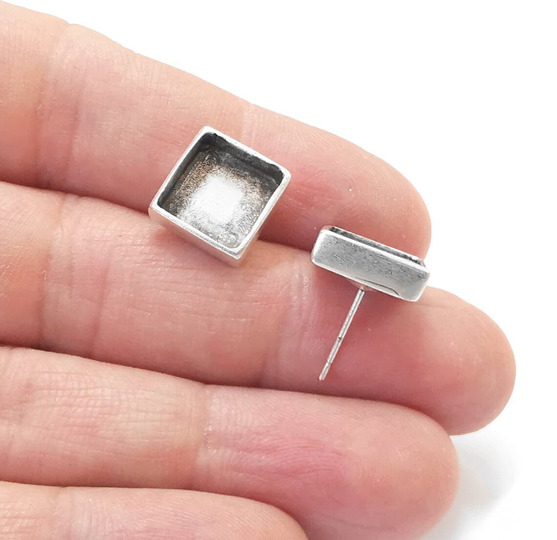Silver Square Earring Set ,Earring Base, Wire Antique Silver Plated Brass Earring Base ( 10mm Blank ) G27042
