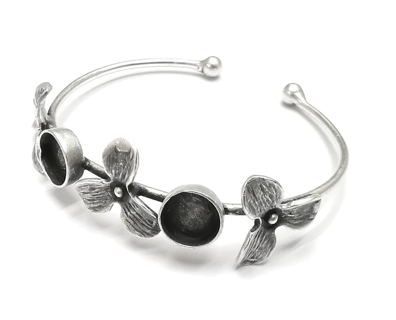 Flower Silver Bracelet Blank Resin Cuff Dry Bezel Cabochon Base Adjustable Antique Silver Plated Brass (10mm Blanks) G27102