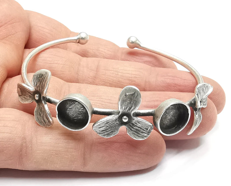 Flower Silver Bracelet Blank Resin Cuff Dry Bezel Cabochon Base Adjustable Antique Silver Plated Brass (10mm Blanks) G27102