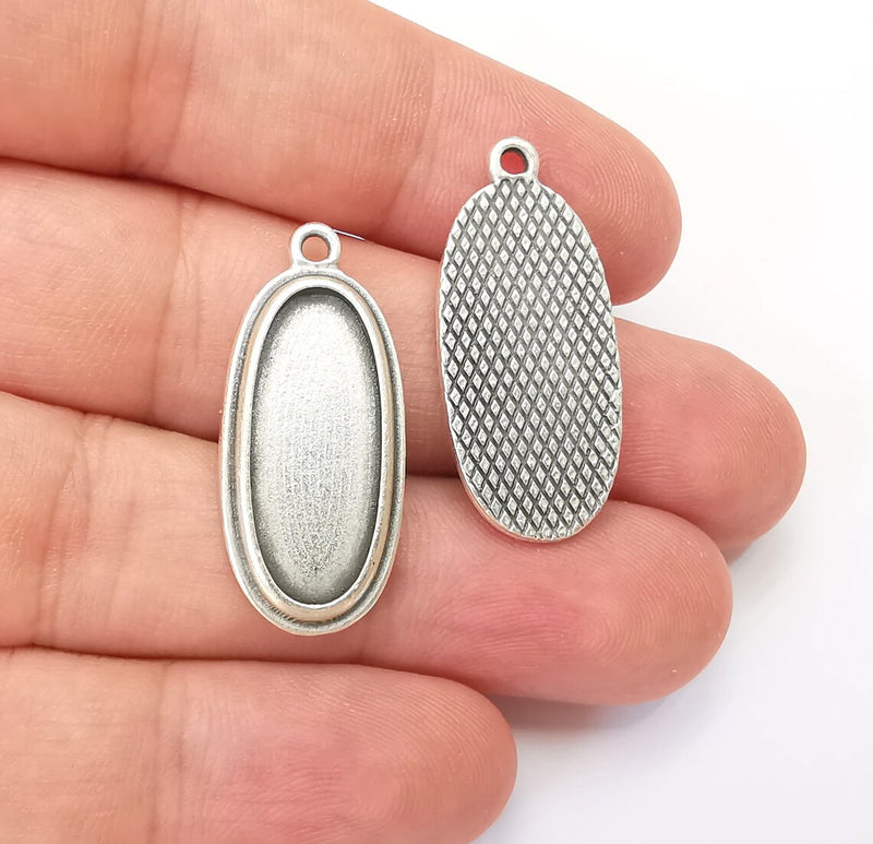 Oval Charm Bezel, Resin Blank, inlay Mounting, Mosaic Pendant Frame, Cabochon Base,Dry Flower Setting,Antique Silver Plated (25x10mm) G28575