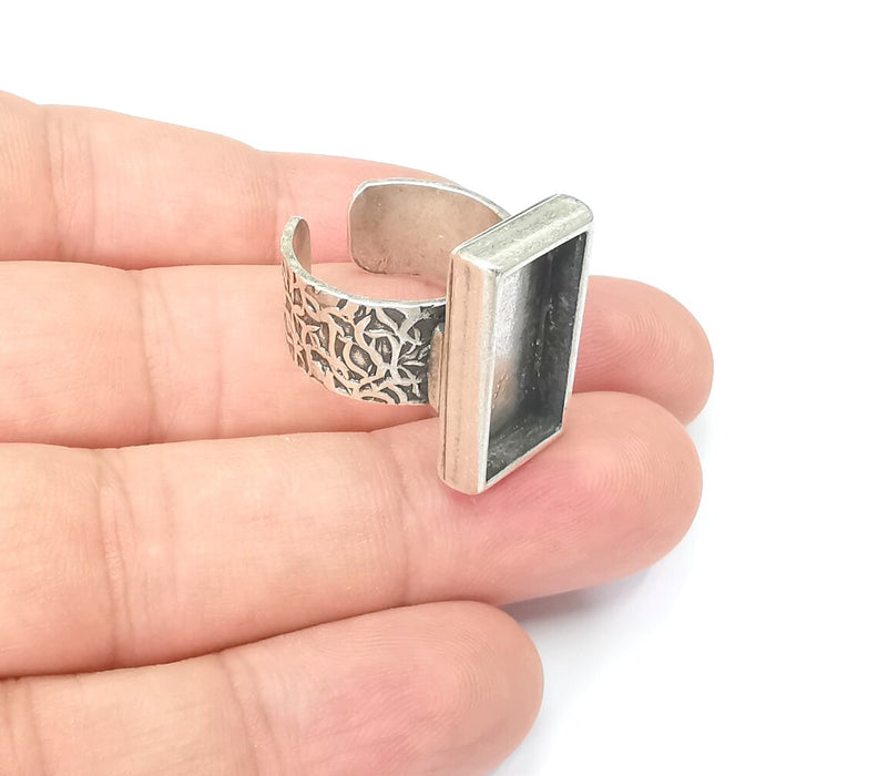 Rectangle Antique Silver Ring Blank Settings, Cabochon Mounting, Adjustable Resin Ring Base Bezel, Inlay Mosaic Ring Bezel (20x10mm) G28600