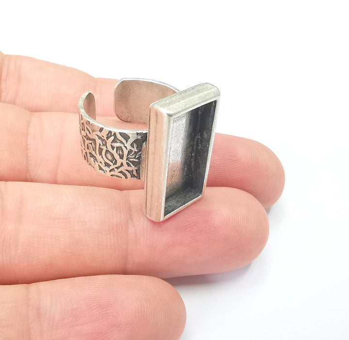 Rectangle Antique Silver Ring Blank Settings, Cabochon Mounting, Adjustable Resin Ring Base Bezel, Inlay Mosaic Ring Bezel (20x10mm) G28600
