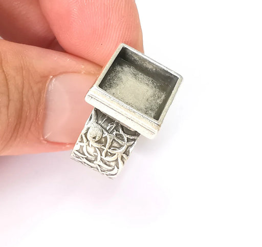 Square Antique Silver Ring Blank Setting, Cabochon Mounting, Adjustable Resin Ring Base Bezel, Inlay Ring Mosaic Ring Bezel (12x12mm) G28609