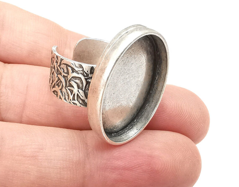 Oval Ring, Branch Ring Blank Setting, Cabochon Mounting, Adjustable Resin Base Bezels, Antique Silver Plated (25x18mm) G28685