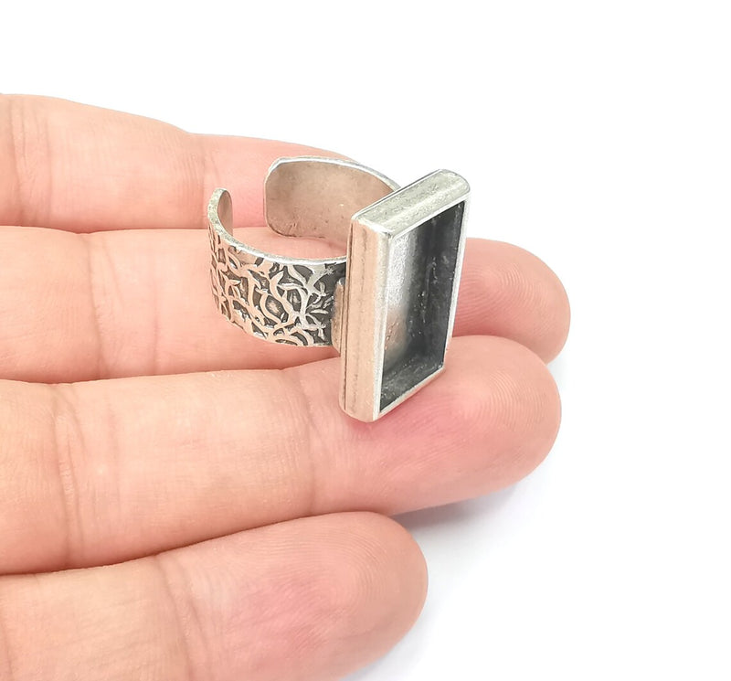 Rectangle Antique Silver Ring Blank Settings, Cabochon Mounting, Adjustable Resin Ring Base Bezel, Inlay Mosaic Ring Bezel (20x10mm) G28600