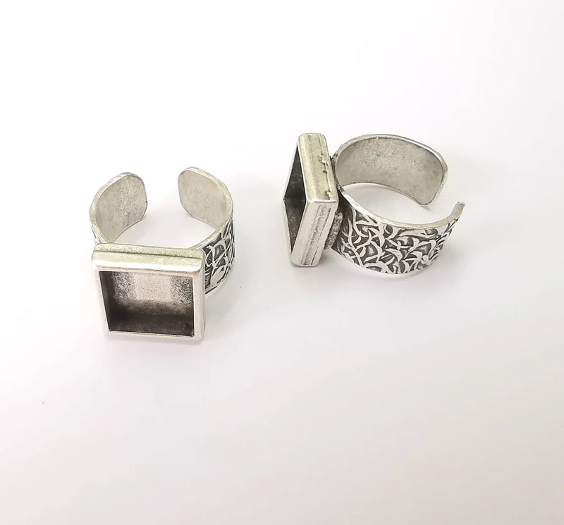 Square Antique Silver Ring Blank Setting, Cabochon Mounting, Adjustable Resin Ring Base Bezel, Inlay Ring Mosaic Ring Bezel (12x12mm) G28609