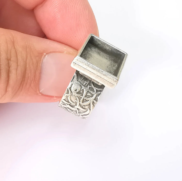 Square Antique Silver Ring Blank Setting, Cabochon Mounting, Adjustable Resin Ring Base Bezel, Inlay Ring Mosaic Ring Bezel (12x12mm) G28609