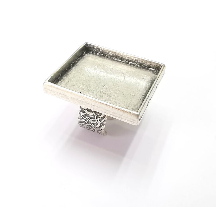 Square Antique Silver Ring Blank Setting, Cabochon Mounting, Adjustable Resin Ring Base Bezel, Inlay Ring Mosaic Ring Bezel (30x30mm) G28616