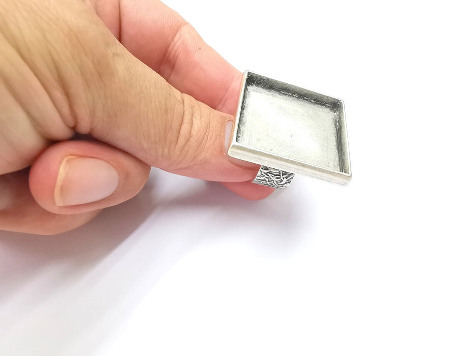 Square Antique Silver Ring Blank Setting, Cabochon Mounting, Adjustable Resin Ring Base Bezel, Inlay Ring Mosaic Ring Bezel (30x30mm) G28616