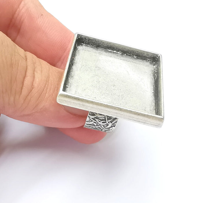 Square Antique Silver Ring Blank Setting, Cabochon Mounting, Adjustable Resin Ring Base Bezel, Inlay Ring Mosaic Ring Bezel (30x30mm) G28616