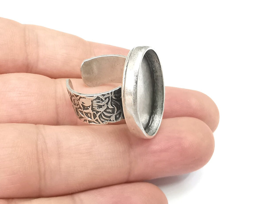 Oval Ring, Branch Ring Blank Setting, Cabochon Mounting, Adjustable Resin Base Bezels, Antique Silver Plated (25x18mm) G28685