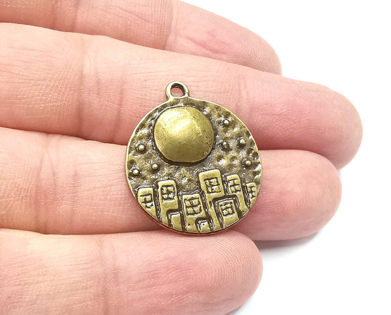 City Stars Charms, Full Moon Charms Hammered Disc Pendant, Antique Bronze Plated (28x24mm) G29236