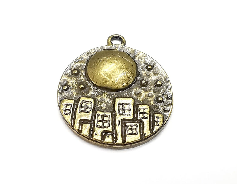 City Stars Charms, Full Moon Charms Hammered Disc Pendant, Antique Bronze Plated (28x24mm) G29236