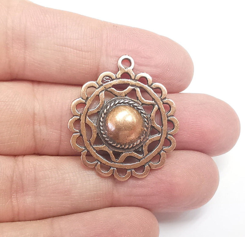 2 Flowers Charms, Antique Copper Plated Pendant (32x28mm) G29719
