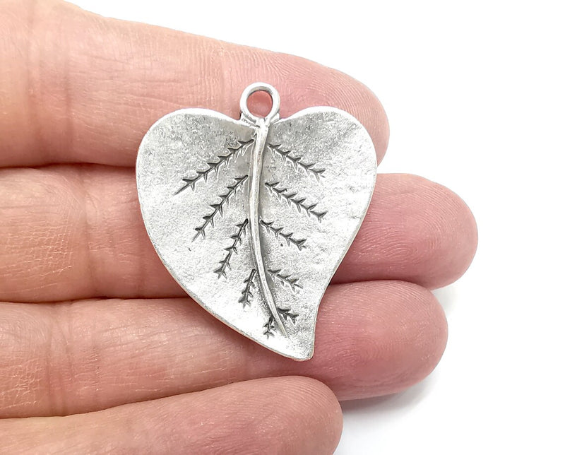 Heart Leaf Charms, Antique Silver Plated Charms (38x33mm) G29731