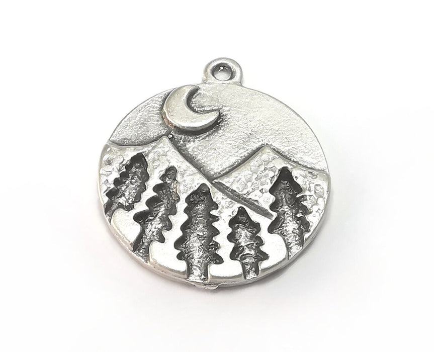 Pine tree, Landscape Mountain Charms, Antique Silver Plated Charms (29x25mm) G29734
