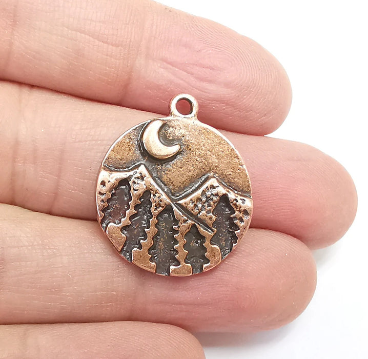 Mountain Tree and Crescent Charms Landscape Tree Moon Charms Pendant Antique Copper Plated Charms (28x24mm) G29726