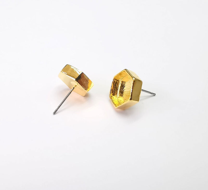 Gold Hexagon Blank Earring Bezel Set Base Shiny Gold Plated Brass Earring Stud Base (10mm blank) G33176