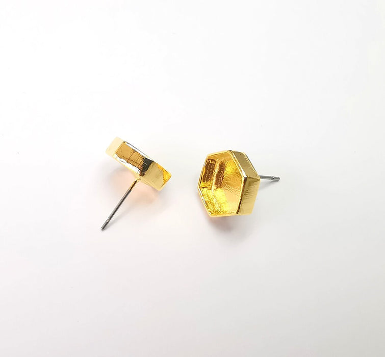 Gold Hexagon Blank Earring Bezel Set Base Shiny Gold Plated Brass Earring Stud Base (10mm blank) G33176