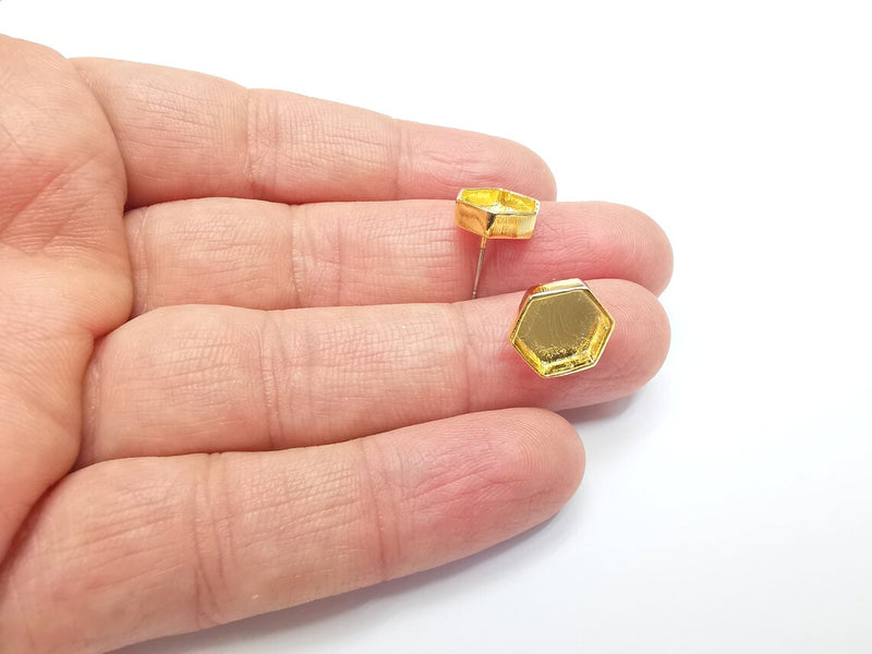 Gold Hexagon Blank Earring Bezel Set Base Shiny Gold Plated Brass Earring Stud Base (10mm blank) G33176