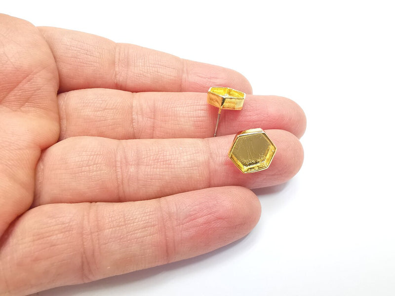 Gold Hexagon Blank Earring Bezel Set Base Shiny Gold Plated Brass Earring Stud Base (10mm blank) G33176