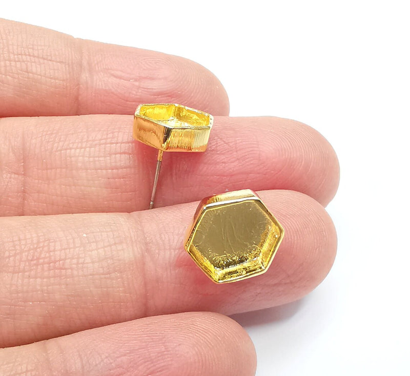 Gold Hexagon Blank Earring Bezel Set Base Shiny Gold Plated Brass Earring Stud Base (10mm blank) G33176