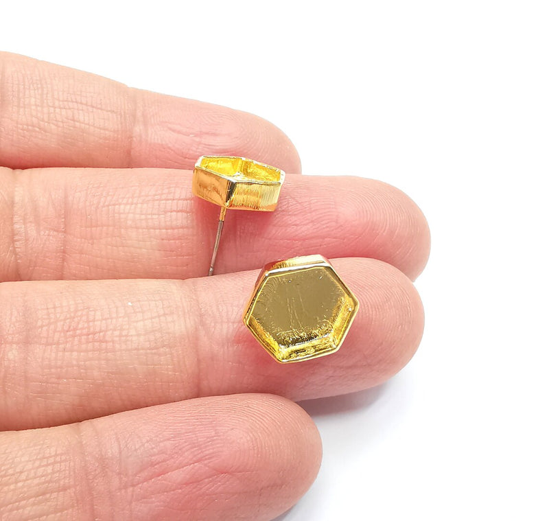Gold Hexagon Blank Earring Bezel Set Base Shiny Gold Plated Brass Earring Stud Base (10mm blank) G33176