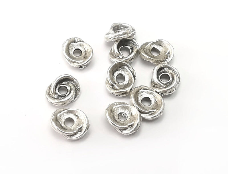 10 Round Disc Beads Charms Findings Antique Silver Plated (9mm) G33316